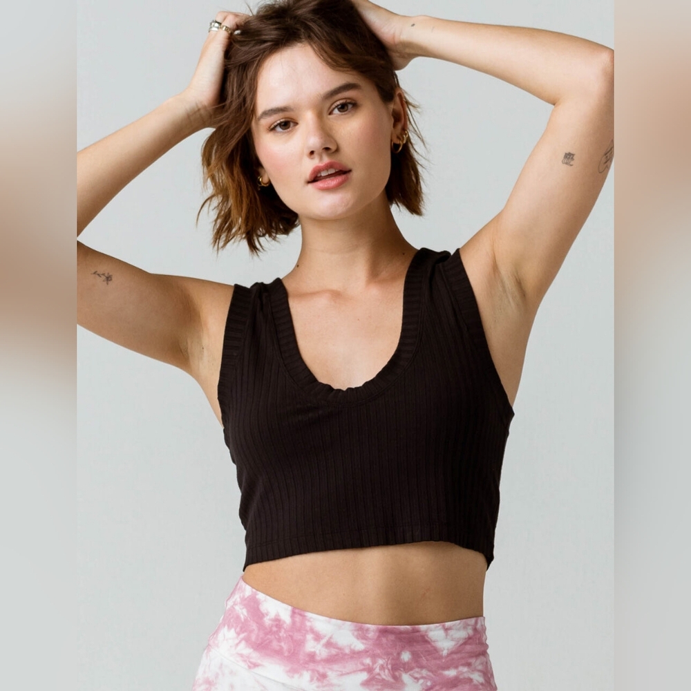 Free People Movement Ribbed Black Crop Top Blissed Out Scoop Neck Small